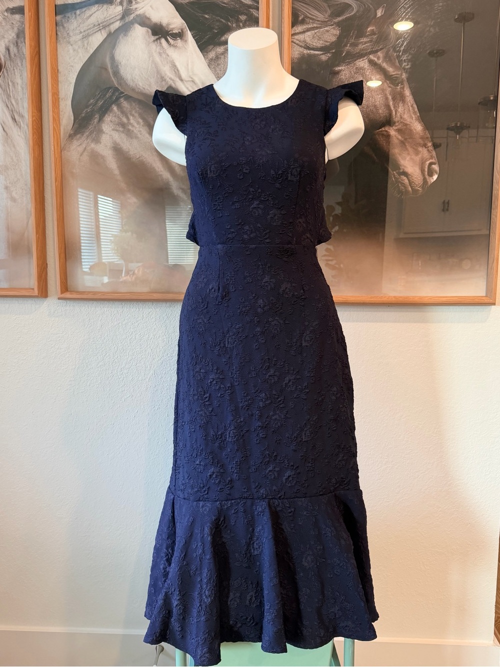 Lulus Navy Floral Textured Ruffle Hem Dress